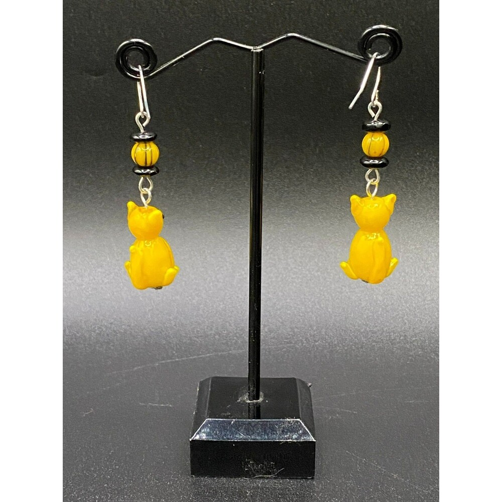 Handmade Yellow Glass Cat with Black & Yellow Glass Bead Earrings by Neanie-Bot - Picture 3 of 3